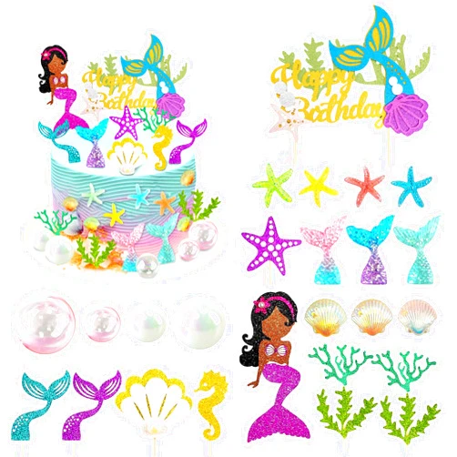 DRWATE 25 PCS Glitter Mermaid Theme Birthday Cake Topper Under the Sea Party Supplies Cake Decoration Cupcake Toppers Mermaid Tail Starfish Conch Seahorse Shell for Birthday Party Baby Shower and Wedding