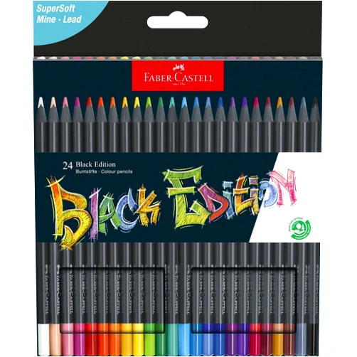Faber-Castell Black Edition Colored Pencils: 24 Count, Black Wood and Super Soft Core Lead Colored Pencils, Art Coloring Pencils for Adult Coloring Books, Art Supplies for Teens, Kids, and Beginners