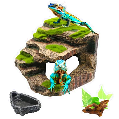 REPTIROOTS Reptile Simulation Rock Cave Hideout Kit, Shale Scape Step Ledge, Tank Accessories, Terrarium Decor, Bearded Dragon, Gecko, Hermit Crab, Lizard, Turtle Basking Platform