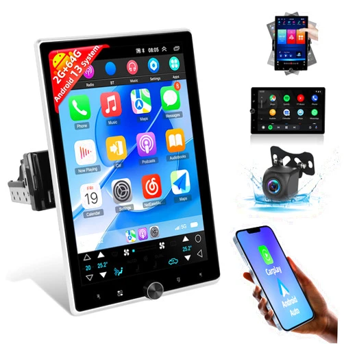 EKAT [2G+64G] Android 13 Rotatable Single Din Vertical Car Stereo 10.4 inch Touch Screen Radio Unit with Wireless Carplay & Android Auto/EQ Audio/Bluetooth 4.2/SWC/GPS Navigation/FM RDS