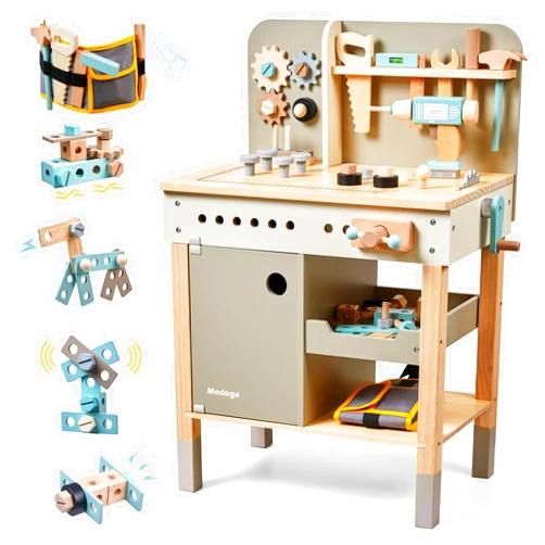 Medoga Kids Tool Bench,Wooden Play Tools Set with Kids Tool Belt Toddlers Workbench Pretend Construction Tools Set Wooden Toy Drill Gift for Boys & Girls Age 3-5