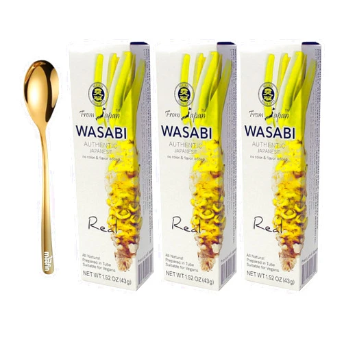 Moofin Real Wasabi Paste, 152 Oz, with Moofin Golden SS Spoon, Pure ese Wasabi, No Artificial ColorsFlavors, Vegan, Enhances Sushi Seafood Meat, Wasabi Paste in Tube, Pack of 3