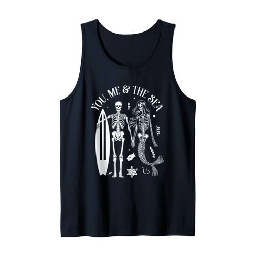 Funny Surfing Skeleton Gifts & Stuff Mermaid Skeleton Couple Vintage Island Beach Surfing Surfer Tank Top