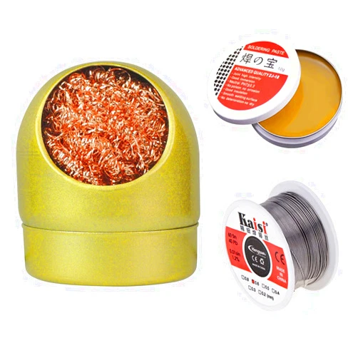 Youland Soldering Iron Tip Cleaner + 60-40 Solder Wire Reel Fine 0.6mm Tin Lead Rosin Core Wire (1.76oz/50g) + Solder Rosin Flux Paste (0.35oz/10g）for Electronics Metalworking Welding (Gold)