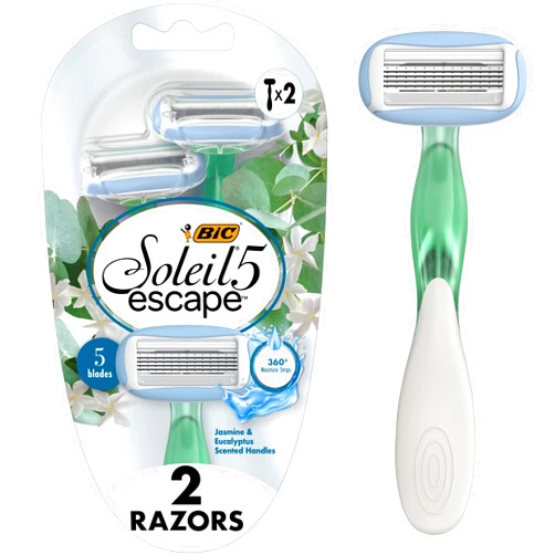 BIC Soleil Escape Women's Disposable Razors With 5 Blades for a Sensorial Experience and Comfortable Shave, Pack of Jasmine & Eucalyptus Scented Handle Shaving Razors for Women, 2 Count
