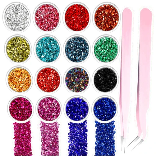 Maitys 16 Colors Crushed Glass Irregular Metallic Mini Chips 0.5-2.5 mm Sprinkles Chunky Glitter with 2 Pieces Tweezers for Nail Arts Craft DIY Resin Mold Jewelry Making Vase Filler Decoration Supplies