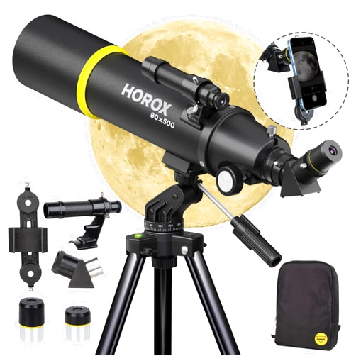 HOROX Telescope 80mm Aperture 500mm Refractor Telescope for Adults, Telescopes for Astronomy with Fullsize Tripod & Phone Adapter, Portable Telescopes Backpack