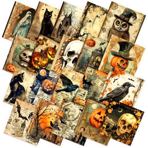 HunnmingRe 20 Pcs 10''x10'' Vintage Halloween Quilting Fabric Square Spooky Gothic Quiltted Fabric Bundle Pumpkin Skull Cat Bat Precuts Printed Sewing Material for Horror DIY Craft Patchwork Supplies