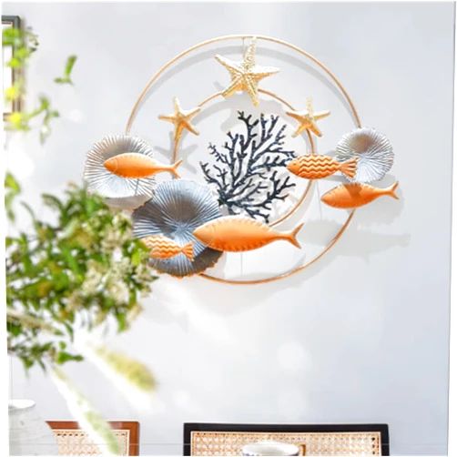 WSNCXFW Coastal Ocean Round Metal Fish Wall Decor, Large 3D Fish Wall Sculpture,School of Fish Wall Art, Boho Lotus Leaf Metal Wall Decoration,for Living Room Bedroom