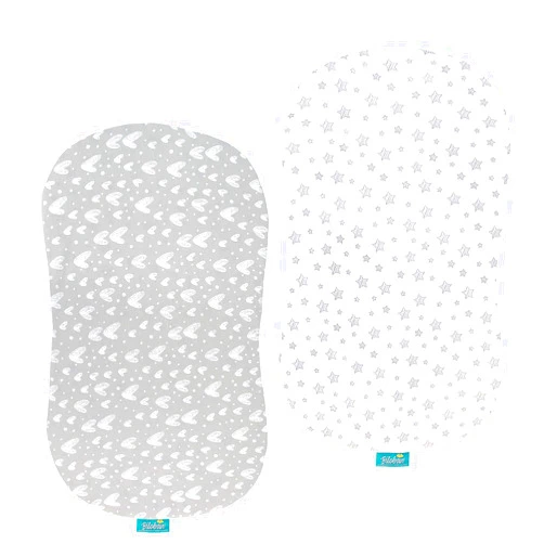 Biloban Bassinet Sheets Compatible with Halo Bassinest Swivel, Flex, Glide, Premiere & Luxe Series Sleeper, 2 Pack, 100% Jersey Knit Cotton Sheets, Breathable and Heavenly Soft, Grey and White Print for Baby