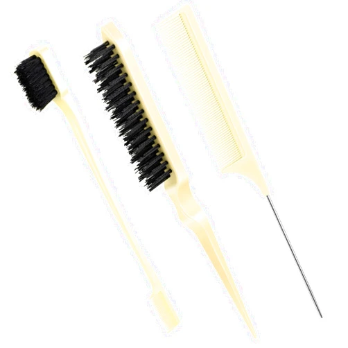 Geiserailie 3 Pcs Slick Back Hair Brush Set Bristle Hair Brush Edge Control Brush Teasing Comb for Women Baby Kids' Black Hair (Beige)