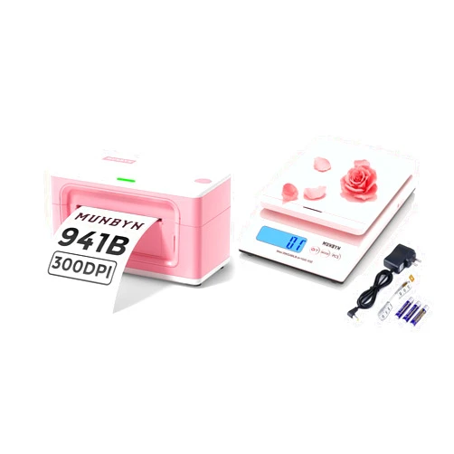MUNBYN Bluetooth Thermal Label Printer 941B+Shipping Scale, Accurate 66lb/0.1oz Postal Scale with Sweet Pink Style
