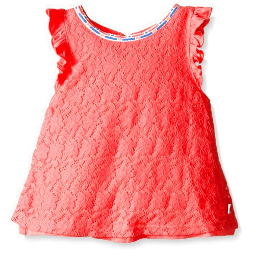 Rosie Pope Little Girls Lace Overlay Top with Embroidered Neckline, Sunkist Coral, 12 Months