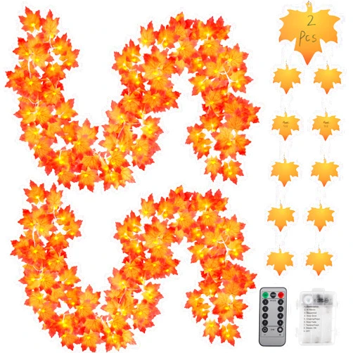 C APPOK Thanksgiving Decorations Fall Garland String Lights with Timer and Remote, 2pcs 50 LED 16.4Ft Lighted Autumn Leaves Garlands Decor, Battery Operated Fall Lights for Home Party Indoor Mantle