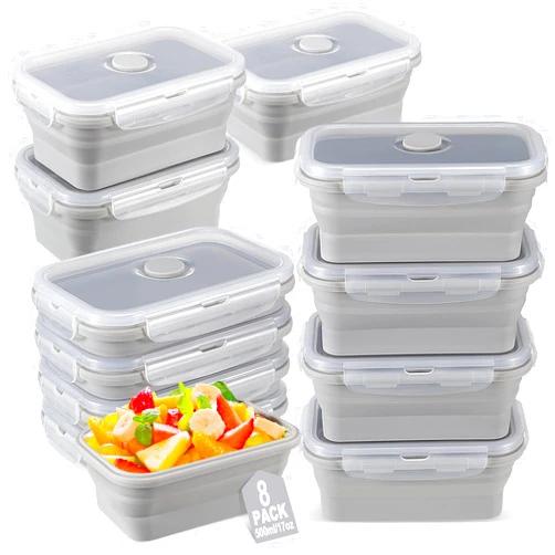 Mifoci Set of 8 Silicone Collapsible Food Storage Containers 17 oz Collapsible Meal Prep Container Square Collapsible Bowl with Vent Lids, Microwave, Freezer and Dishwasher Safe (Gray)
