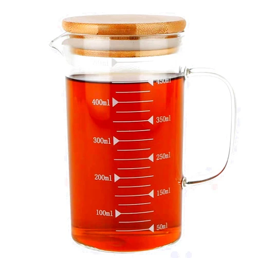 KINNOSE Graduated Beaker Mug with Handle and Durable Bamboo Lid Borosilicate Glass Multi-Function Food Grade Measuring Cup 500ml