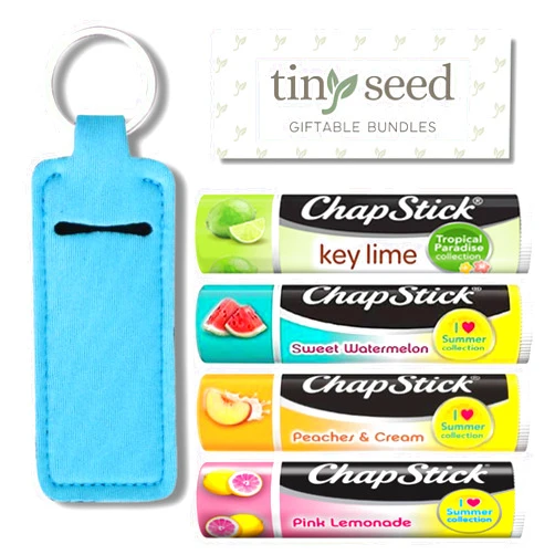 TINY SEED Set of 4 Chapsticks: Key Lime, Pink Lemonade, Peaches & Cream, Sweet Watermelon. Limited Edition by Chapstick I Love Summer & Tropical Paradise Collection. Includes Lip Balm Holder Keychain (Blue)
