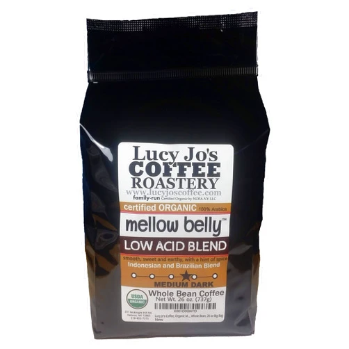 Lucy Jo's Coffee, Organic Mellow Belly Low Acid Blend, Medium Dark Roast, Whole Bean, 11 oz (26 OZ)