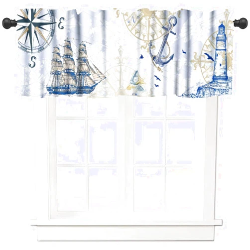 SHElifestyle Nautical Window Curtain Valance Rustic Vintage Sailboat Lighthouse Compass Anchors Window Treatments Valance for Kitchen Bedroom Living Room Café Décor 54x18inch