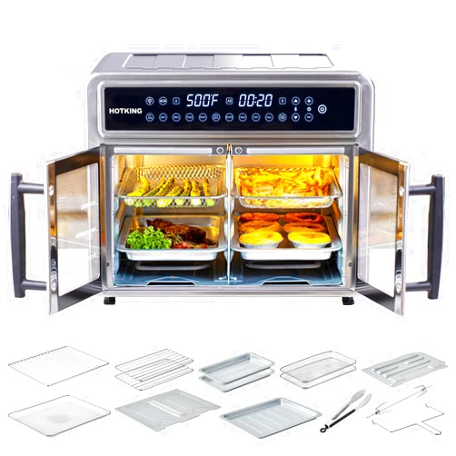 HotKing Dual-Zone Air Fryer Toaster Oven Combo, 28 QT Extra Large, Non Toxic Stainless Steel Convection Oven with French Door, Countertop Airfryer with Window, Racks, Rotisserie, Dehydrator, ETL Rated