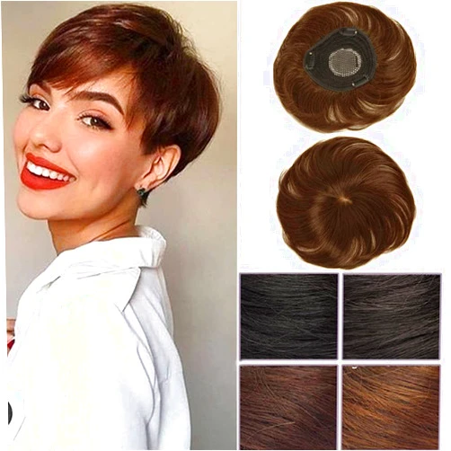 AiUree Short Human Hair Toppers Light Brown Color Seamless 4.3 inch x 4.3 inch Silktop Head Spin Wiglet Hairpiece Toupee Clip in Topper Hair Piece for Women Covering Grey & Thinning Hair
