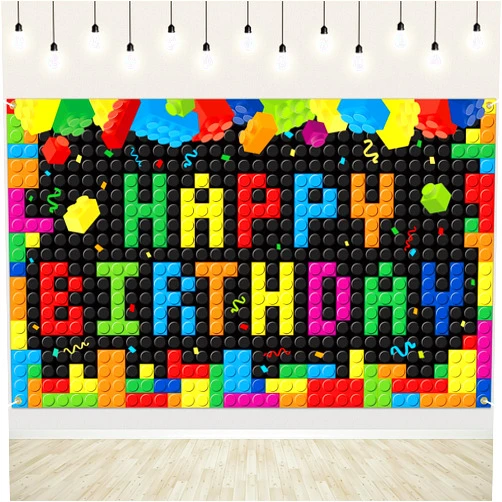 GCKAROTO Building Blocks Birthday Party Decorations Building Block Backdrop Banner Photography Background for Boys Girls(Black)