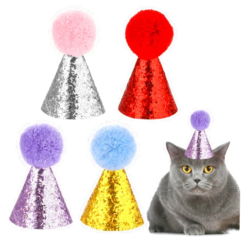 KALIONE Dog Birthday Hat for Pets, 4 PCS Cat Birthday Hat Dog Party Hats Cute Puppy Hats with Pompons Adjustable Charm Headbands Mini Pet Party Hat Accessories for Pets Kittens Dogs Party Decorations Supplies