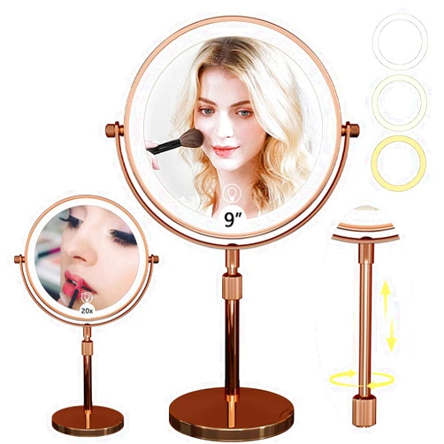 ZHUOTHAN 9in Makeup Mirror with Lights, 1x/20x 5000mAh Rechargeable Lighted Makeup Mirror with Magnification, 360° Rotate Magnifying Mirror with 3 Color, Dimmable up to 3800lux with 60 LEDs, Women Gift