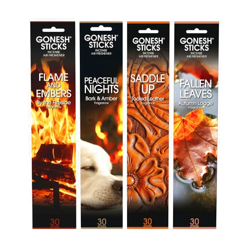 Gonesh Scents of Fall - Incense Sticks Variety Pack - Non-Toxic 10” Slow Burn Aromatic Sticks - Bark & Amber, by The Fireside, Autumn Lodge, Tooled Leather - 30 Sticks Each
