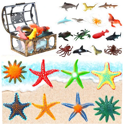 PullCrease 23 Pcs Big Diving Pool Toys Beach Colorful Starfish and Ocean Animal Figurine with 1 Pirate Treasure Chest Summer Realistic Swimming Underwater Pool Toys for Swimming Pool Party Favors