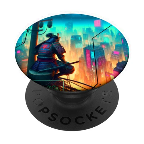 The Ghost Samurai Sword Ninja Samurai Electric Pole in Japanese retro Cyberpunk City PopSockets Standard PopGrip