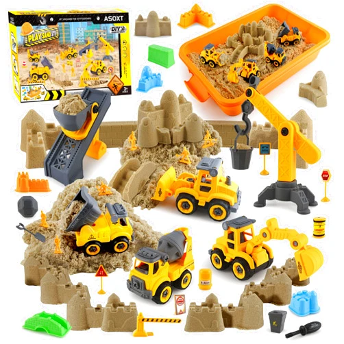 Asoxt Construction Sensory Playset - 43pcs Play Sand Art Kit- 2 lbs Sand,Sandbox,4 DIY Construction Trucks,Crane,Conveyor,8 Sand Molds,6 Figures,12 Road Signs - Ideal Toy for Boys & Girls Ages 3+