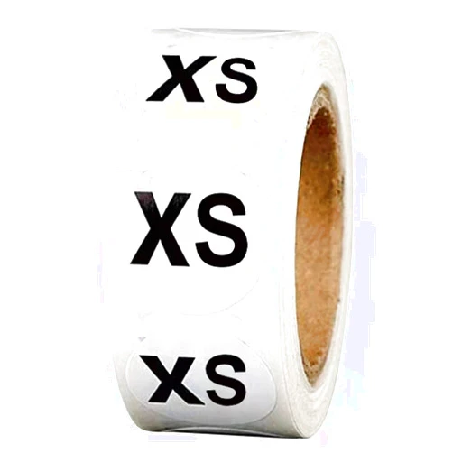 BYHILL 500 Pcs Clothing Size Stickers,1 Inch Round Clothing Size Labels, Self-Adhesive T Shirts Retail Size Stickers, White Stickers with Black Text for Clothing Retail(XS Size)