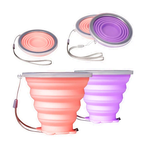 O-CONN 2 Pack Collapsible Cup, Silicone Collapsible Travel Cup, Silicone Folding Camping Cup with Lids Expandable, Drinking Cup for Outdoor Hiking Travel, Outdoor Sports- Portable, Graduated