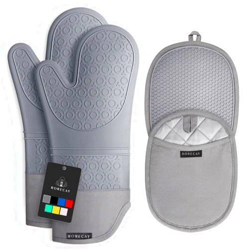 Rorecay Extra Long Oven Mitts and Pot Holders Sets: Heat Resistant Silicone Oven Mittens with Mini Oven Gloves Hot Pads Potholders for Kitchen Baking Cooking, Quilted Liner, Pack of 6 (Gray 4Pack)