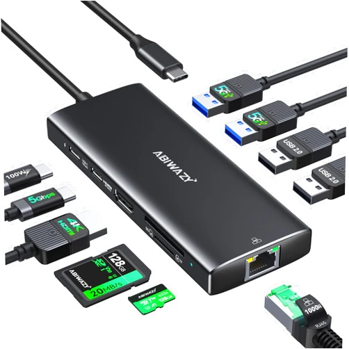 ABIWAZY USB C Hub Multiport Adapter,10 in 1 USB C to USB HDMI Ethernet Hub USB C Dongle for MacBook Pro/Air, iPad Pro,Dell with 4K@60Hz HDMI+Ethernet+4USB+1USB-C Data Port+SD/TF Card Reader+100W PD (Black)