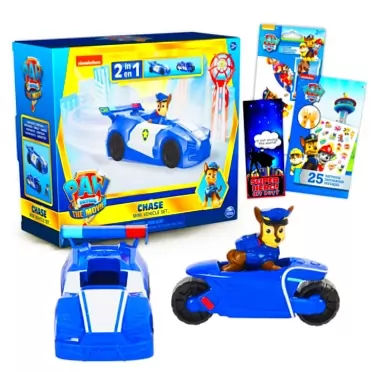 Nick Shop Paw Patrol Chase Mini Movie Vehicle Set ~ 4 Pc Bundle with Paw Patrol 2-in-1 Toy Car Featuring Chase, Tattoos, Stickers, and More (Paw Patrol Action Figures)