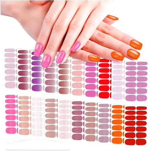 WOKOTO 20 Sheets Solid Pink Full Nail Polish Stickers False Nail Design Stickers Glitter Pink Gradient Nail Stickers Full Nail Wraps For Women Girls Nails Stick On Nail Polish Strips Nail Gel Stickers