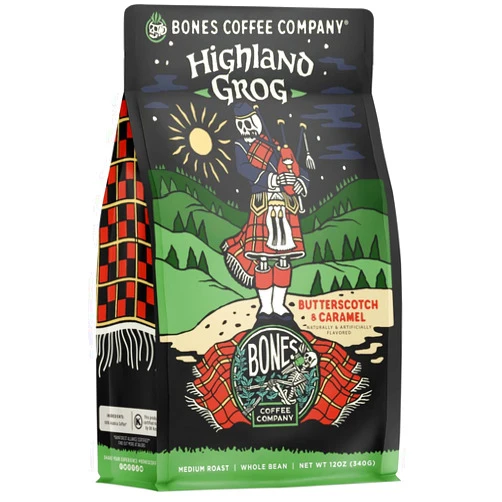 Bones Coffee Company Highland Grog Butterscotch Caramel Flavored Coffee, Medium Roast Low Acid, 12 Oz Whole Bean