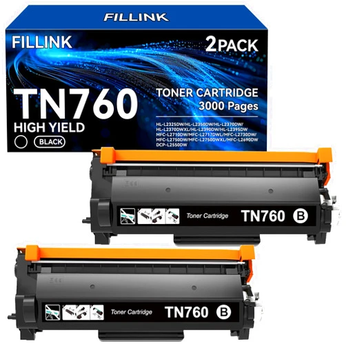 FILLINK TN760 Toner Cartridge for Brother TN-760 TN-730 for HL-L2350DW HL-L2395DW MFC-L2710DW MFC-L2690DW DCP-L2550DW Printers , High Yield Black (2-Pack)