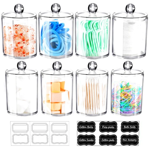 SheeChung 8 Pack Qtip Dispenser Apothecary Jars Bathroom Set with Labels Clear Plastic Qtip Holder Storage Set for Cotton Ball,Cotton Swab,Cotton Rounds,Floss Picks, Hair Clips，Hair Ties(Clear)