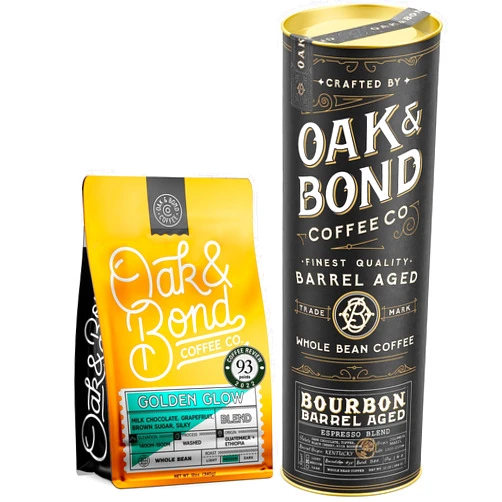 Oak & Bond Coffee Co. Golden Glow Blend and Espresso Bourbon Barrel Aged Coffee Bundle - Whole Bean, 22oz. Total