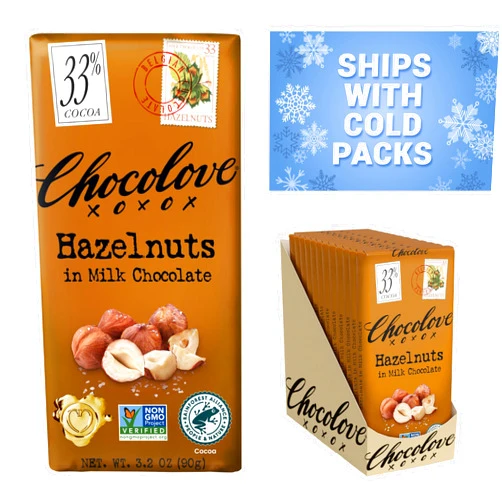 Chocolove Hazelnut Milk Chocolate Bars | 33% Cocoa | Roasted Oregon Hazelnut Bits | Crafted with Silky Smooth Belgian Chocolate | Non GMO, Rainforest Alliance Certified, 3.2oz Bar (12 Pack)