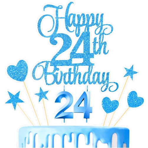 Lecferrarc 24th Birthday Cake Decorations, 24th Birthday Candles Cake Numeral Candles and Glitter Happy 24th Birthday Cake Toppers Set for Birthday Party Supplies (Blue)