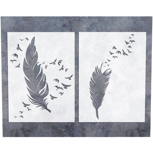 G GSS Designs GSS Designs Feathers Wall Art Stencil Pack of 2 - Reusable Stencils(12x16inch) - Feather Birds Painting Template for Floor, Wall, Tile, Fabric, Wood(SL-068)