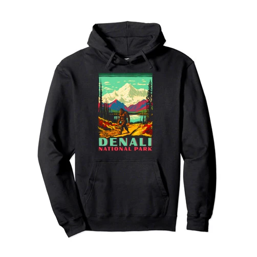 Yeti Habitation Project - Bigfoot & Sasquatch Art Denali National Park Sasquatch WPA Classic Alaska Art Pullover Hoodie