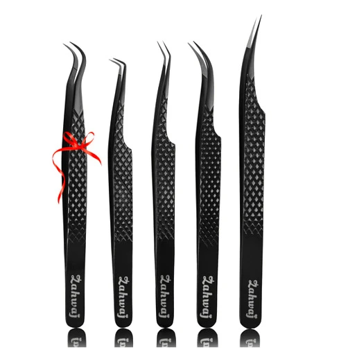 ZAHWAJ Lash Tweezers - Set of 5 Fiber Tip Eyelash Tweezers - Stainless Steel Eyelash Extension Tweezers - Diamond Grip Professional Lash Tweezers for Eyelash Extensions (Black)