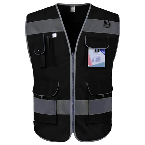 TCCFCCT Black Safety Vest for Men Women 9 Pockets High Visibility Reflective Vest for Safety, Work Vest with Reflective Strips, Meets ANSI/ISEA Standards, Large