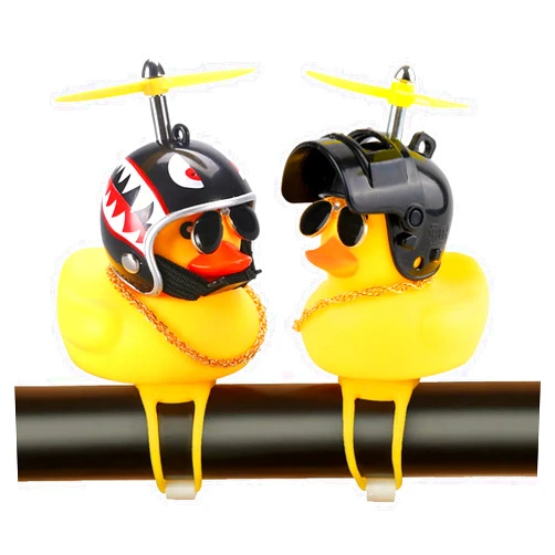 Hautllaif 2 Pack Rubber Duck Car Ornaments, Yellow Duck Car Dashboard Decorations Squeeze Duck Bicycle Horns with Propeller Helmet,Bandage and Gold Chain