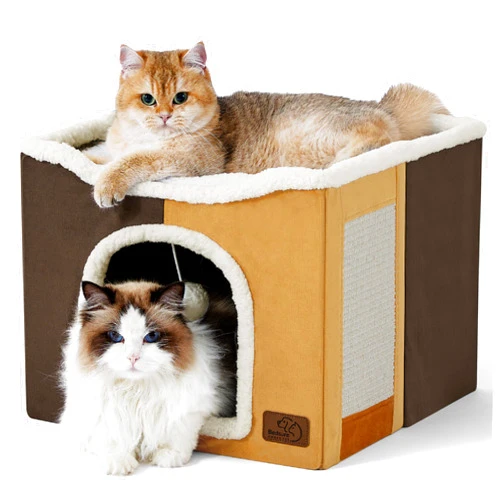 Bedsure Cat Beds for Indoor Cats - Large Cat Cave for Pet Cat House with Fluffy Ball Hanging and Scratch Pad, Foldable Cat Hideaway,16.5x16.5x13 inches, Honeycomb